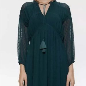 Zara Dotted Mesh Long Sleeve Tiered Dress Dark Teal XS